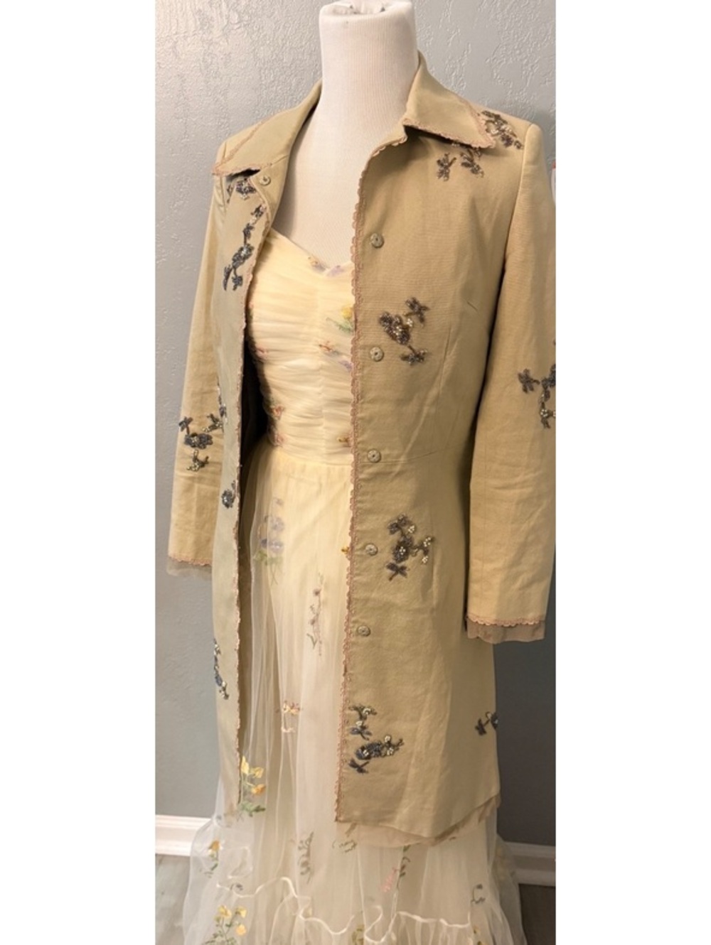 Rare Artisanal Y2K Hand Beaded Cotton Blend Duster Trench Coat Jacket - XS, S, 0